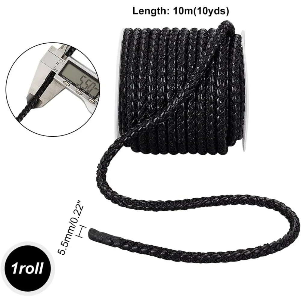 10 Yards Round Braided Leather Cord 5.5mm Leather Rope Black Jewelry Craft Cord Tie Cording Leather Strap Bolo Cord Making Kit