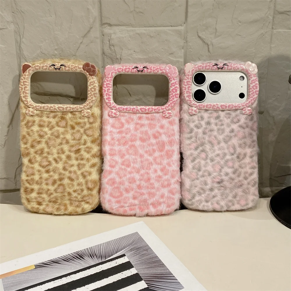 

Y2K Kawaii Stylish Leopard Print Fuzzy Phone Case for 17 Pro Max Cat Bow Ear Camera Frame Protect Cover for iPhone 16 15 14 13