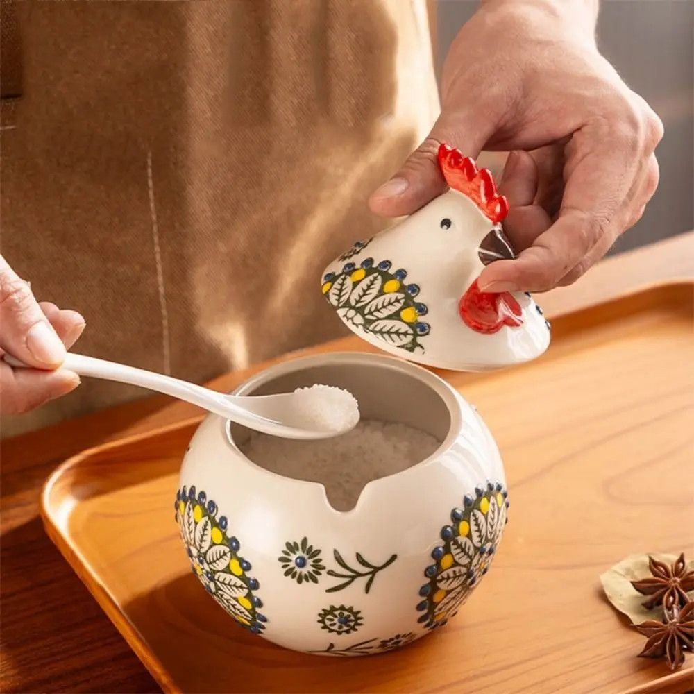 

Creative Rooster Ceramic Spice Jars Household with Lid Ceramic Kitchen Canisters Large Capacity with Spoon Spice Organizer Jars
