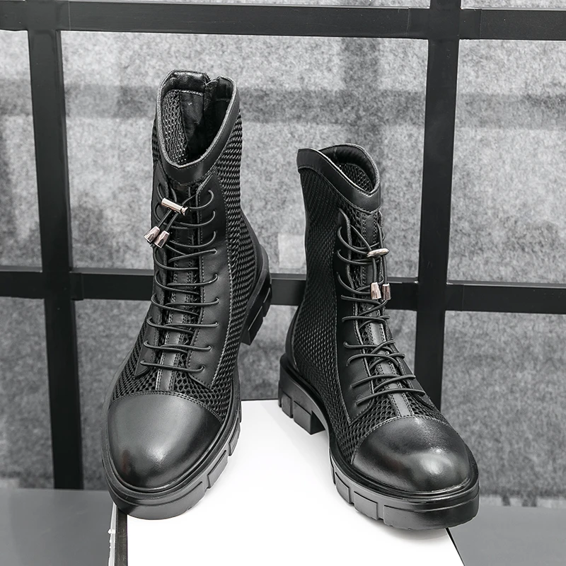 العصرية عالية أعلى الرجال الأحذية مع بو الربط جوفاء خارج الدانتيل يصل تنفس مريحة كعب منخفض المألوف جولة تو الرجال الأحذية #1