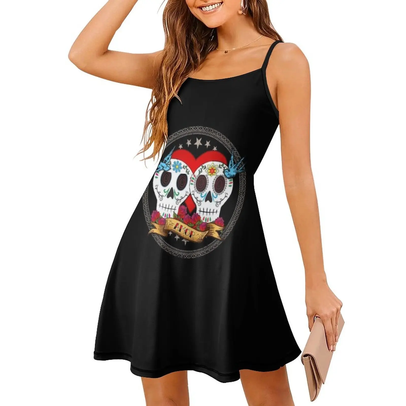 الحب الجماجم فستان بفتحة عنق على شكل قلب أنيق الصيف فستان الحفلات للنساء يوم الموتى ضياء دي لوس Muertos فستان المرأة #3