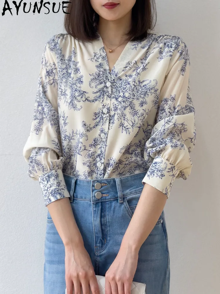 

Tcyeek 100% Real Silk Shirt Women Spring Summer Clothes 2026 Elegant Women's Shirts Print Long Sleeve Top Casual Camisa Mujer