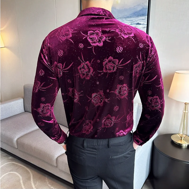 Men\'s Long Sleeve Velvet Flower Shirt New Luxury Printed Business Casual  Dress Shirts Formal Social Party Turn Down Collar Tops