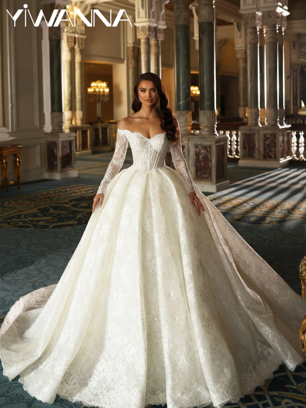 

Glitter Romantic Off Shoulder Lace Princess Wedding Dress Ivory Dreamy Long Bridal Gown Customized Graceful Dresses For Bride