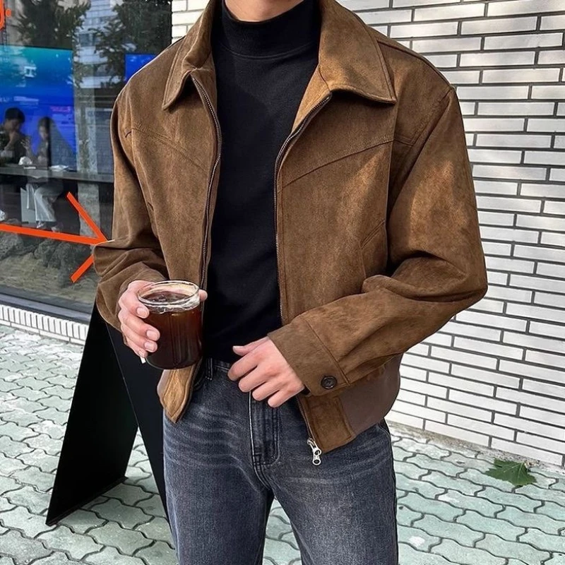 Vintage Suede Bomber Jacket Men Retro Flight Coat Streetwear High-End Outerwear Distressed Suede Finish Leather Coat for Men