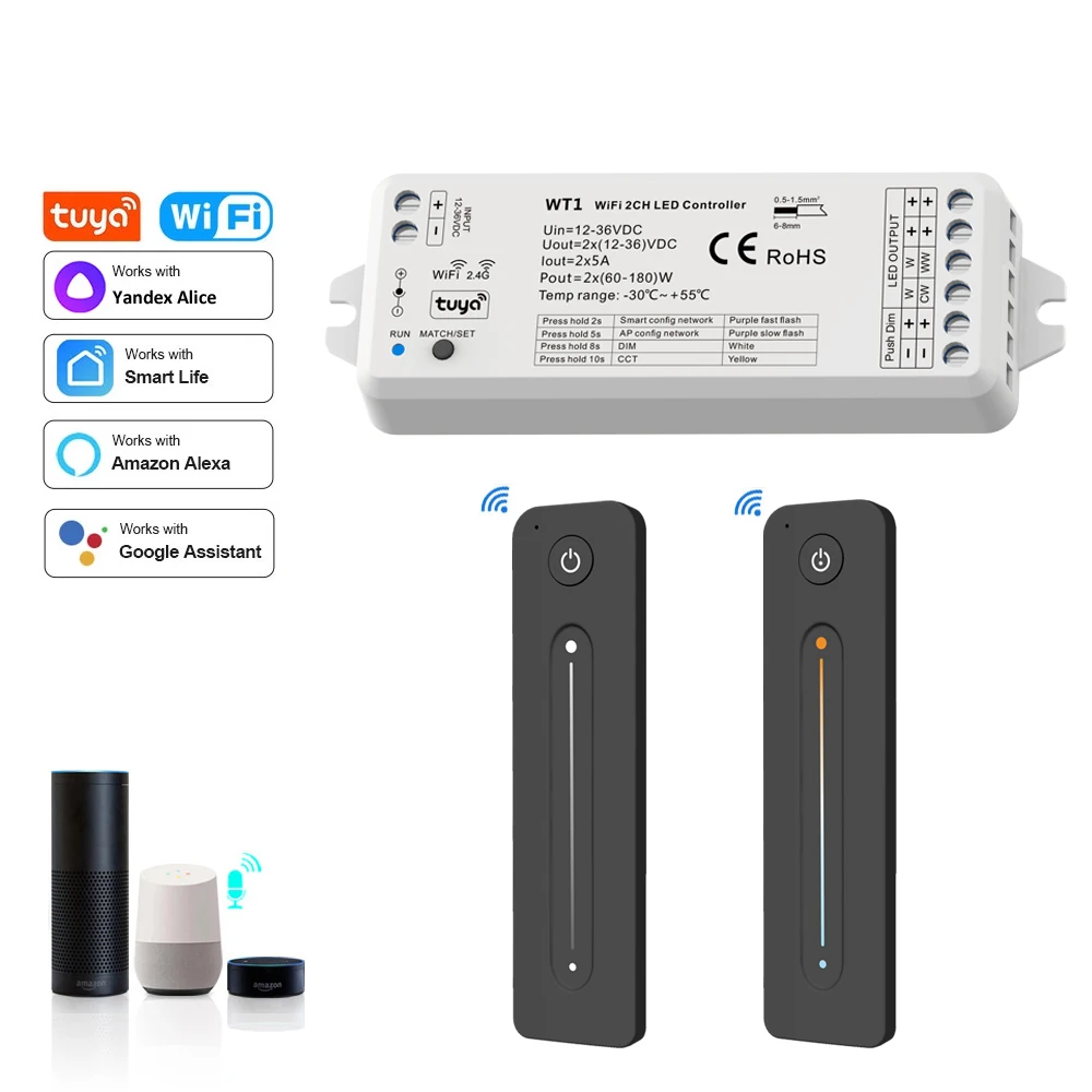 Tuya CCT LED Strip Dimmer Switch 12V DC Wireless 2.4G RF WW CW Controller Work with Smart Life Google Assistant 2 Channel WT1