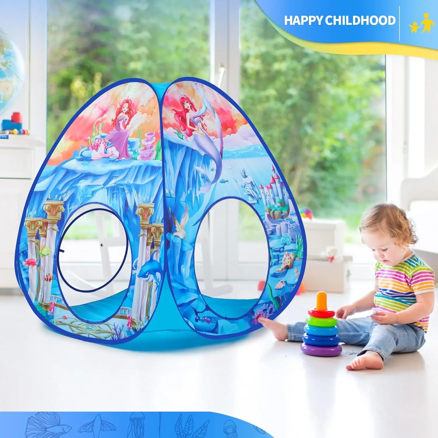 3-in-1 Meerjungfrau-Kinderspielzelt mit Spieltunnel, Bällebad, Basketballkorb für Jungen und Mädchen, Pop-Up-Spielhausspielzeug für Kleinkinder für Bab