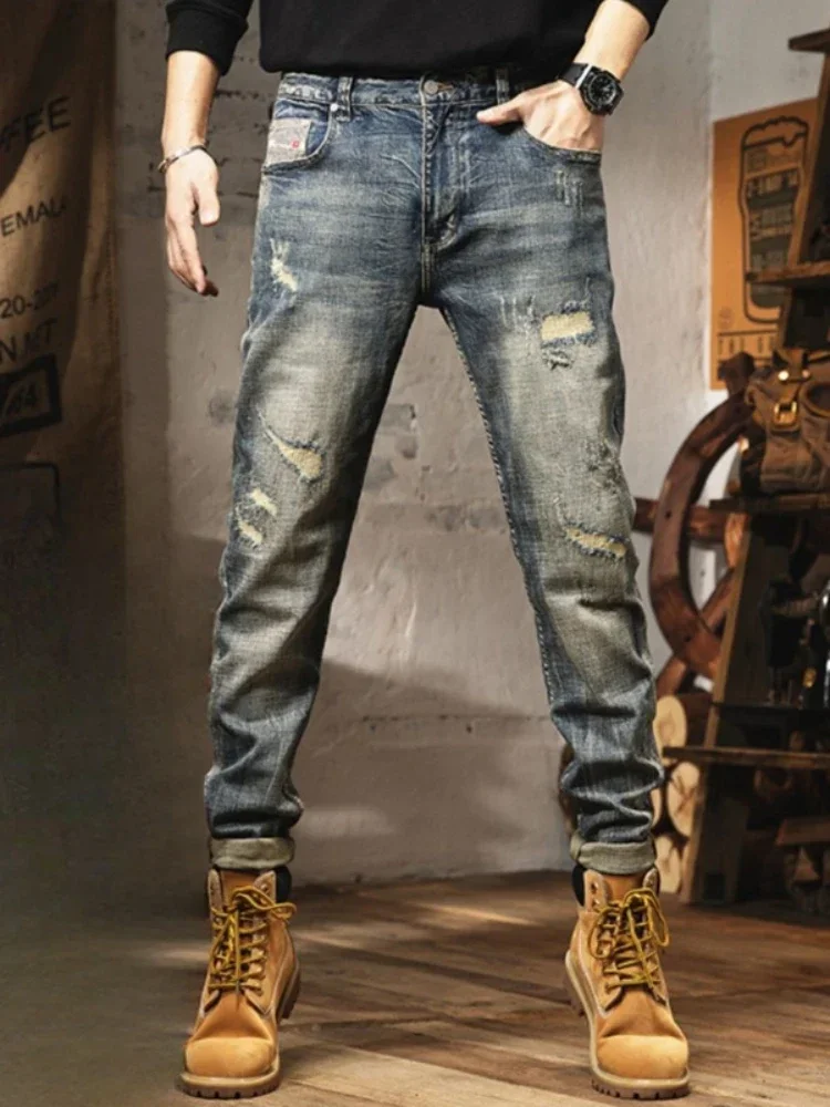 Broken with Holes Tapered Male Cowboy Pants Torn Cargo Men's Jeans Ripped Trousers Regular Casual Clothes Y2k 2000s High Quality