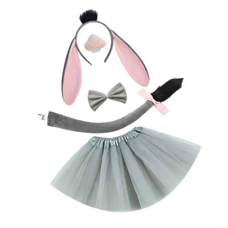 

68UA Donkey Ear Headband Tail Bowtie Skirt for Kid Boy Girl Teen Role Play Halloween