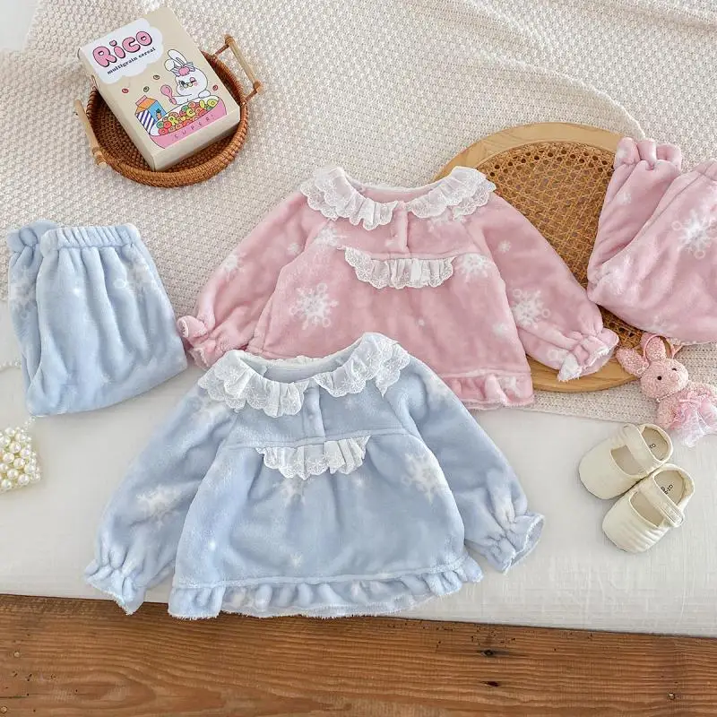 Autumn Winter Girls Flannel Pajamas Set Sweet Princess Children Home Clothes Baby Girls Casual Lace Long Sleeved Pajamas