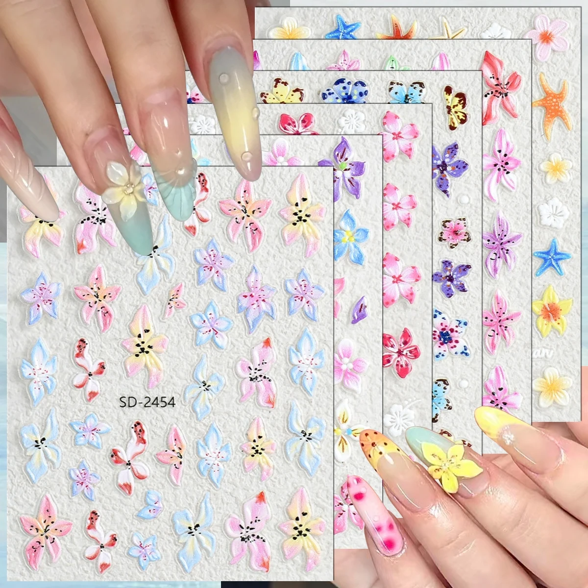 

3 to 30 Sheets Tropical Flower Nail Stickers Hibiscus Butterfly Starfish Nail Decals 5D Embossed Self Adhesive Summer Nail Art