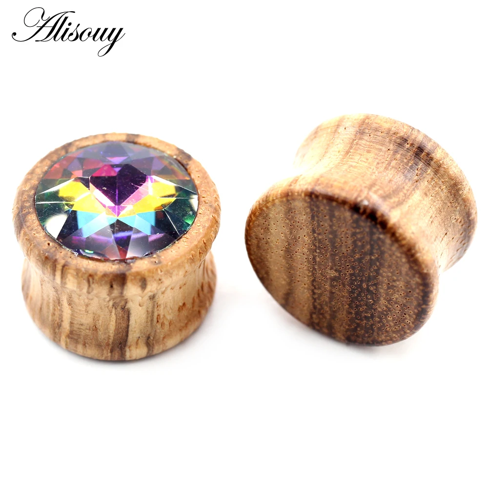 Alisouy 2pcs 8-20mm Star Flower Crystal Natural Wood Ear Tunnels Plugs Expander Stretchers Gauges Earrings Piercing Body Jewelry