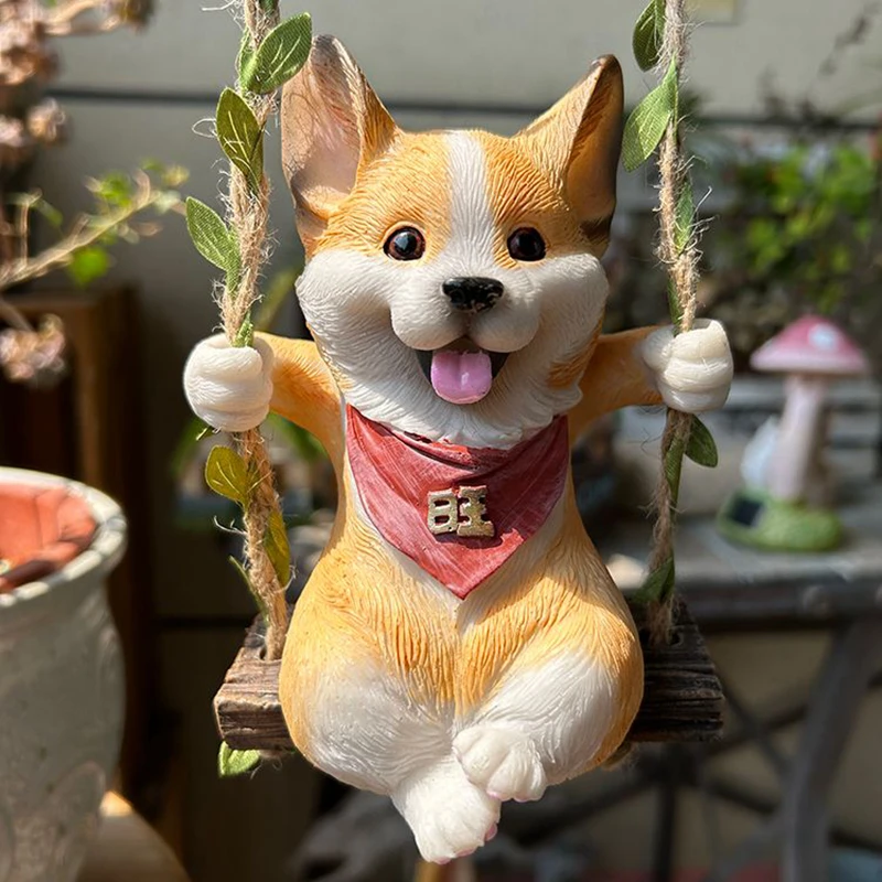 5.9 Inch Resin Corgi Ornament Garden Courtyard Animal Decoration Figure Swing Puppy with Hemp Rope Cartoon Dog Figurine