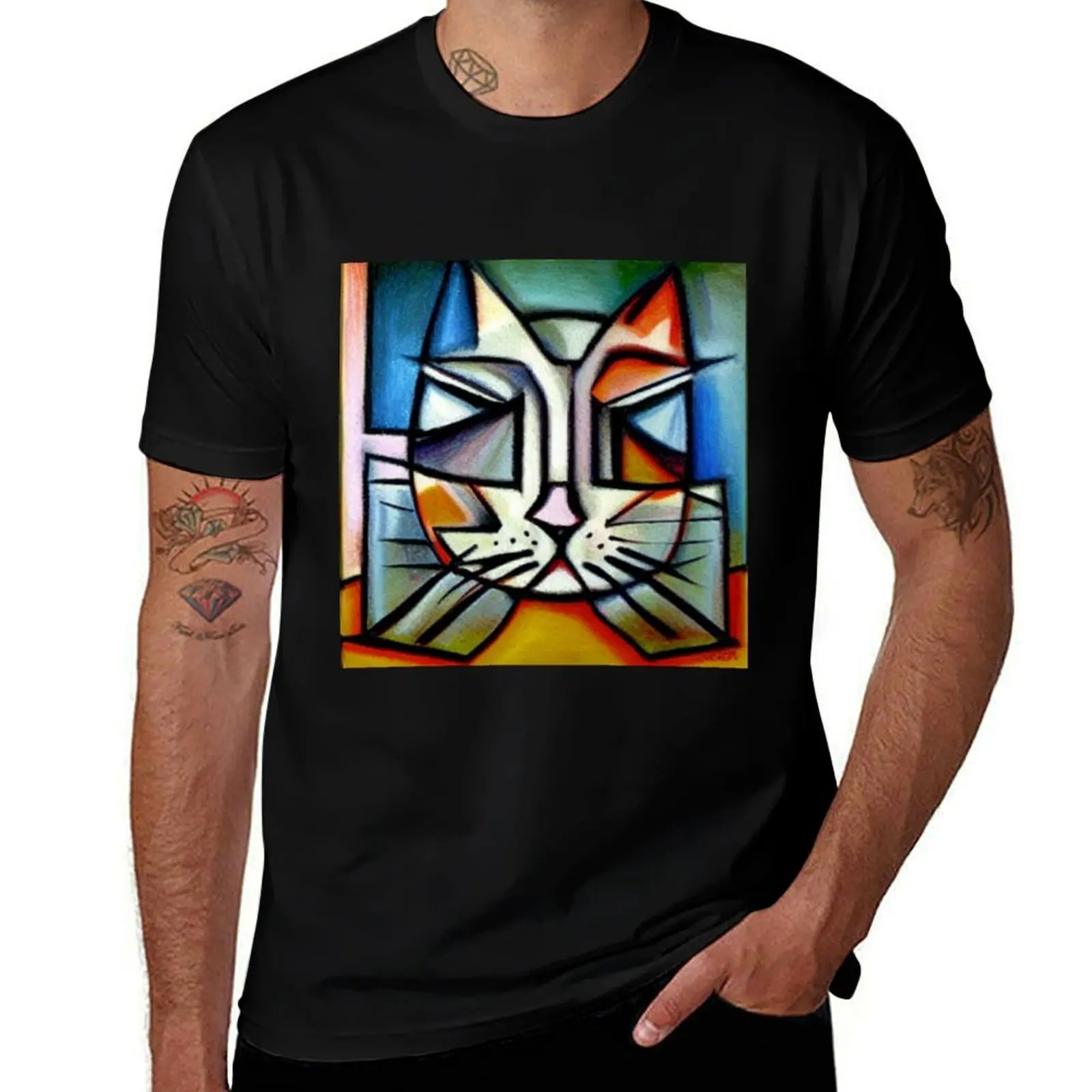 

Футболка CAT BLUE RED CUBISM, милые топы, незаменимая футболка, хлопковые мужские футболки, мужская мода