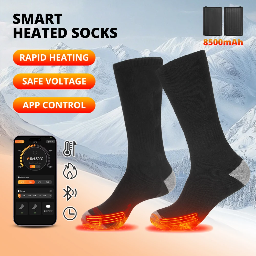 Calze Riscaldanti con Controllo APP, Batteria Ricaricabile da 8500mAh, Scaldapiedi Termico per Uomo e Donna, per Sci e Sport Invernali