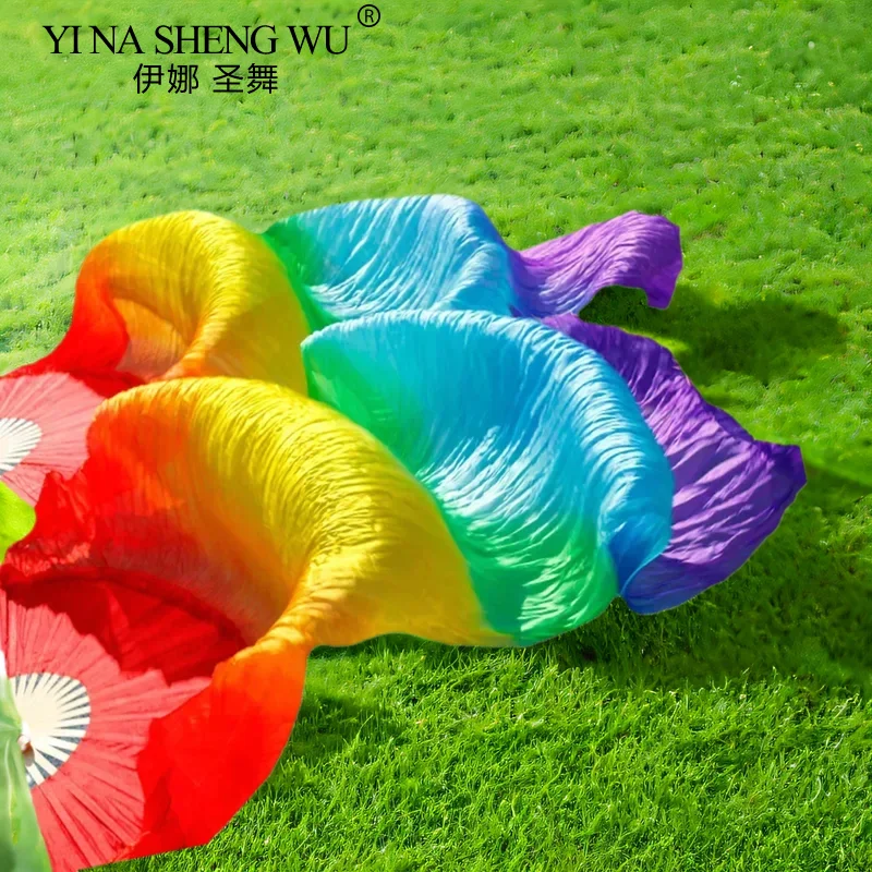 Belly Dance Rayon Silk Imitation Silk Fan Veil 1pc Left Hand+1pc Right Hand Bamboo Ribs Handmade Dyed Gradient Color Rainbow Fan