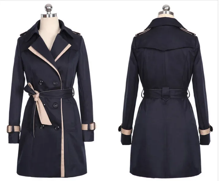 Korean Trench Women Coat Turn Down Collar Full Sleeve Solid Slim Fit Jackets Double Breasted Mid Length Coats Splice Autumn