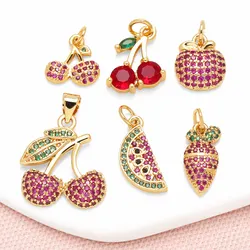 OCESRIO Fuchsia Crystal Cherry Fruit Charms for Bracelet Copper Gold Plated Watermelon Carrot Jewelry Making Accessories chma332
