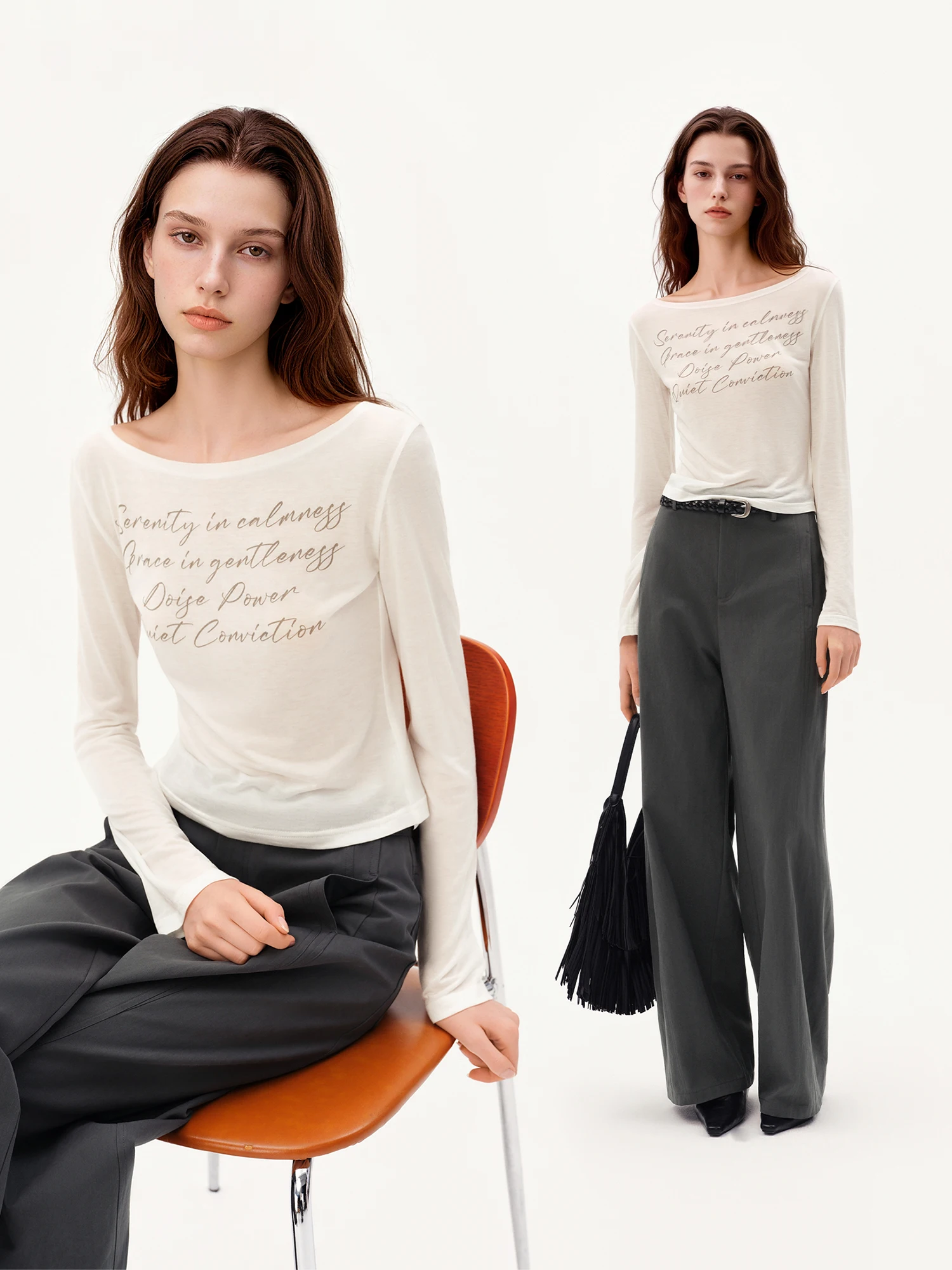 ZIQIAO Women's Boat‑Neck Knit T‑Shirt Lyocell Wool Blend Fabric Chic Letter Print Top Elegant Daily Wear Blouse 2026 Autumn New