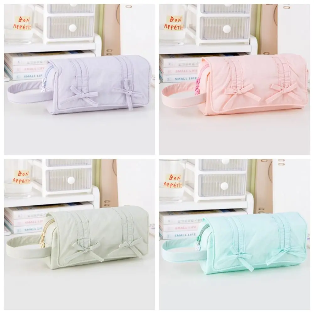 Durable Candy Color Pencil Case Bow Decor Three Layers Pencil Pouch Large Capacity Canvas Stationery Storage Bag