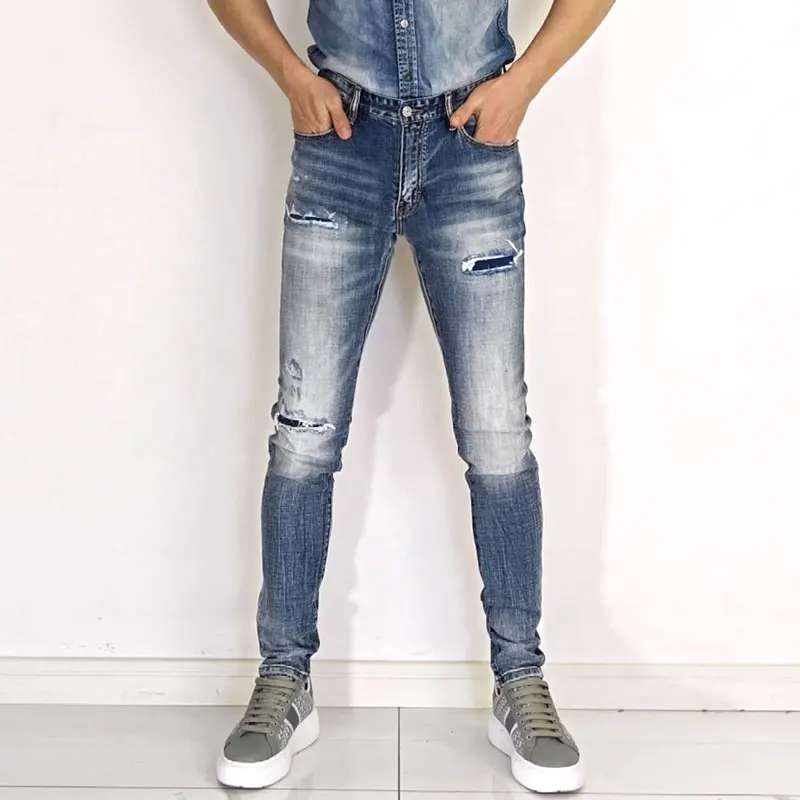 Designer Fashion New Men's Jeans with Broken Patches, Water Washed Nostalgic Stretch Slimming Blue Jeans, High Street Hip Hop Br