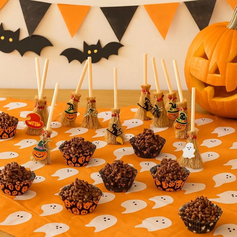 

10cm Halloween Broom Wooden Hat Black Cat Red Rope Broom Spider Ghost Halloween Party Decoration Costume Props