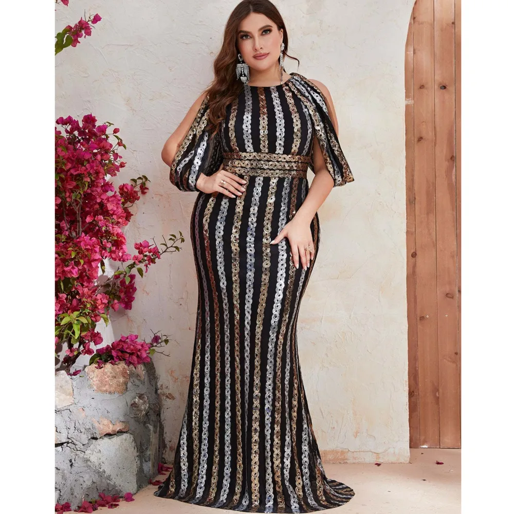 Large Size Evening Long Dresses Fashion Female Sequin Draped Sleeve Birthday Wedding Party Women Long Elegant Dress