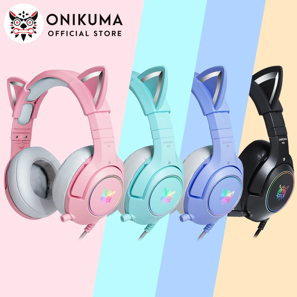 ONIKUMA Pink Cat Ear Earphones K9 Headphone With RGB LED Light For PC Gamer Flexible Mic Headset