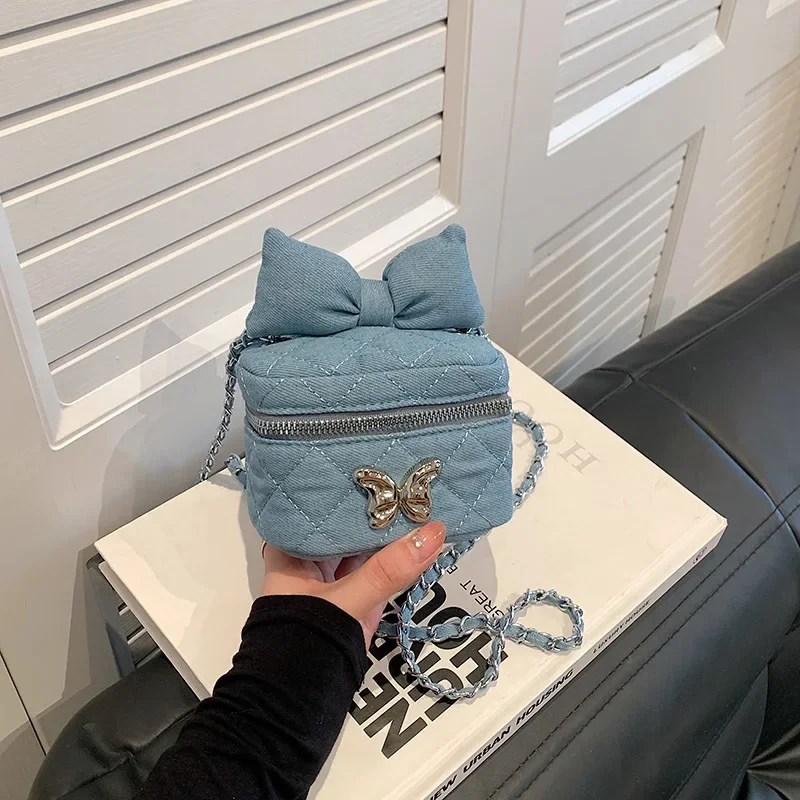 Women Shoulder Bags Korea Style Denim Embroidered Bowknot Mini Bag New Autumn Winter Niche Fashionable Crossbody Bag All-match