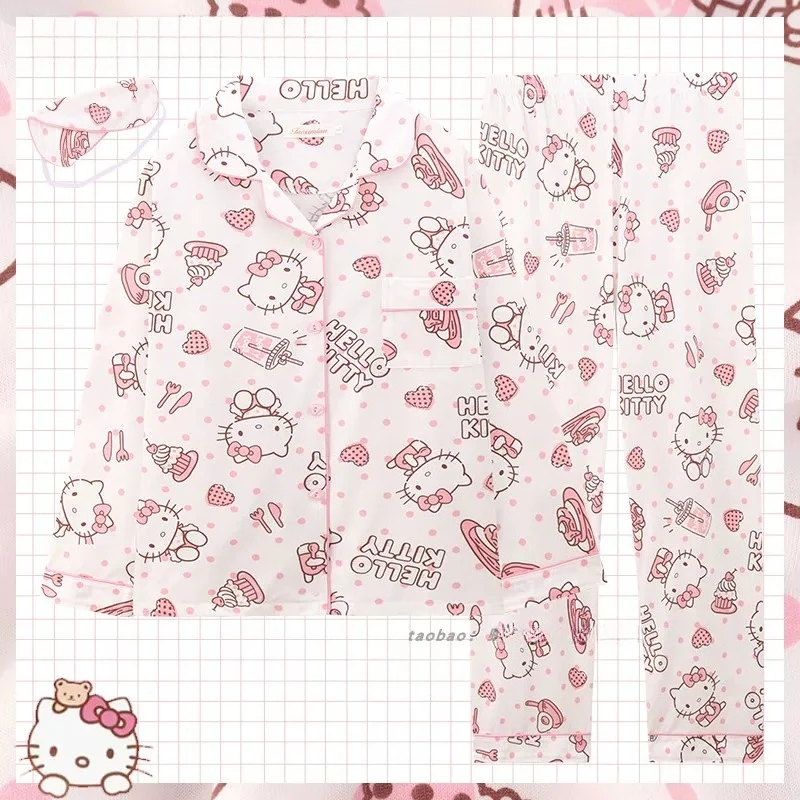 

Hello Kitty Sleepwear Made Pure Cotton with Heart shaped Polka Dots Cute New Women Long Sleeved Cartoon Home Clothes Wholesale