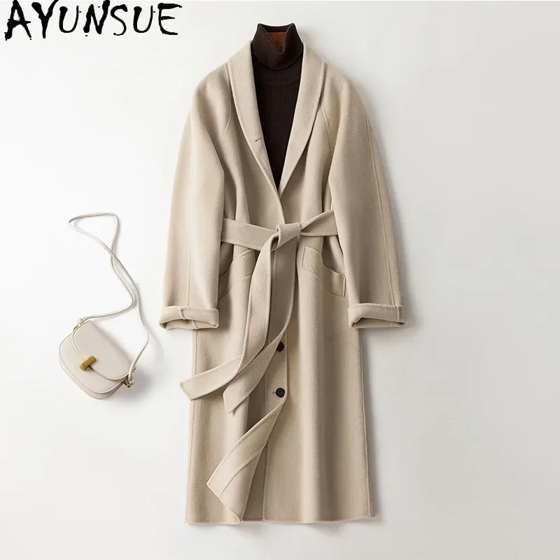 

AYUNSUE 100% Wool Jackets for Women 2023 Autumn Winter Long Wool Coat Korean Style Doule-breasted Woolen Jacket Veste Femme