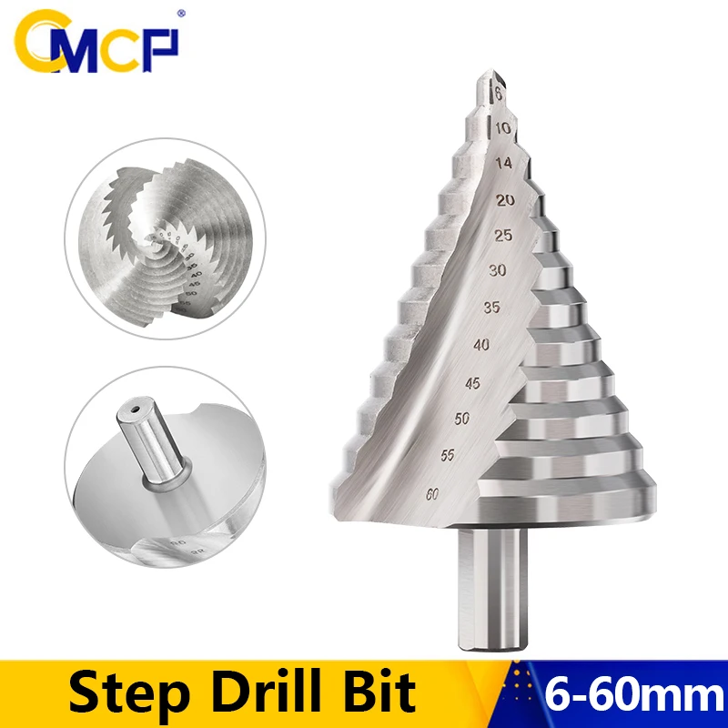 

CMCP 1 шт. HSS Ступенчатое сверло 6-60 мм со спиральной канавкой Дерево Металл Резак для отверстий Ступенчатое конусное сверло Треугольный хвостовик для дерева Тонкая сталь