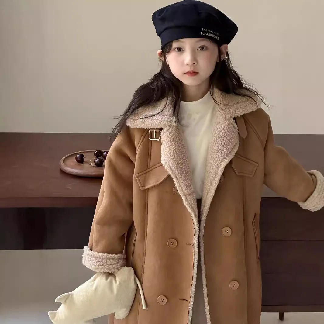 Korean Children Clothing 2024 Winter Girls Stand Up Collar Fur Integrated Coat Children Plush Thick Warm Long Coat