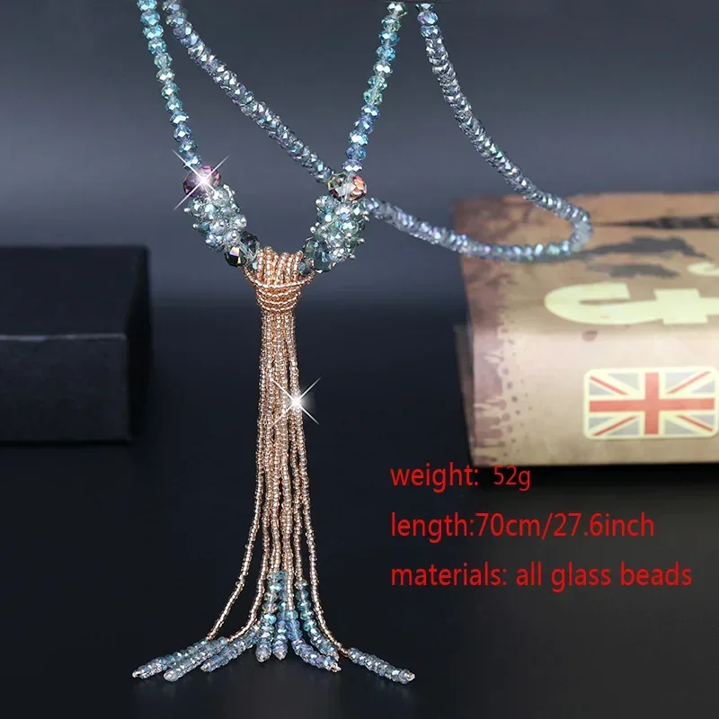 Korean All Glass Crystal Sweater Chain Long Tassel Necklace for Women Girls BlingBling Trendy Jewelry