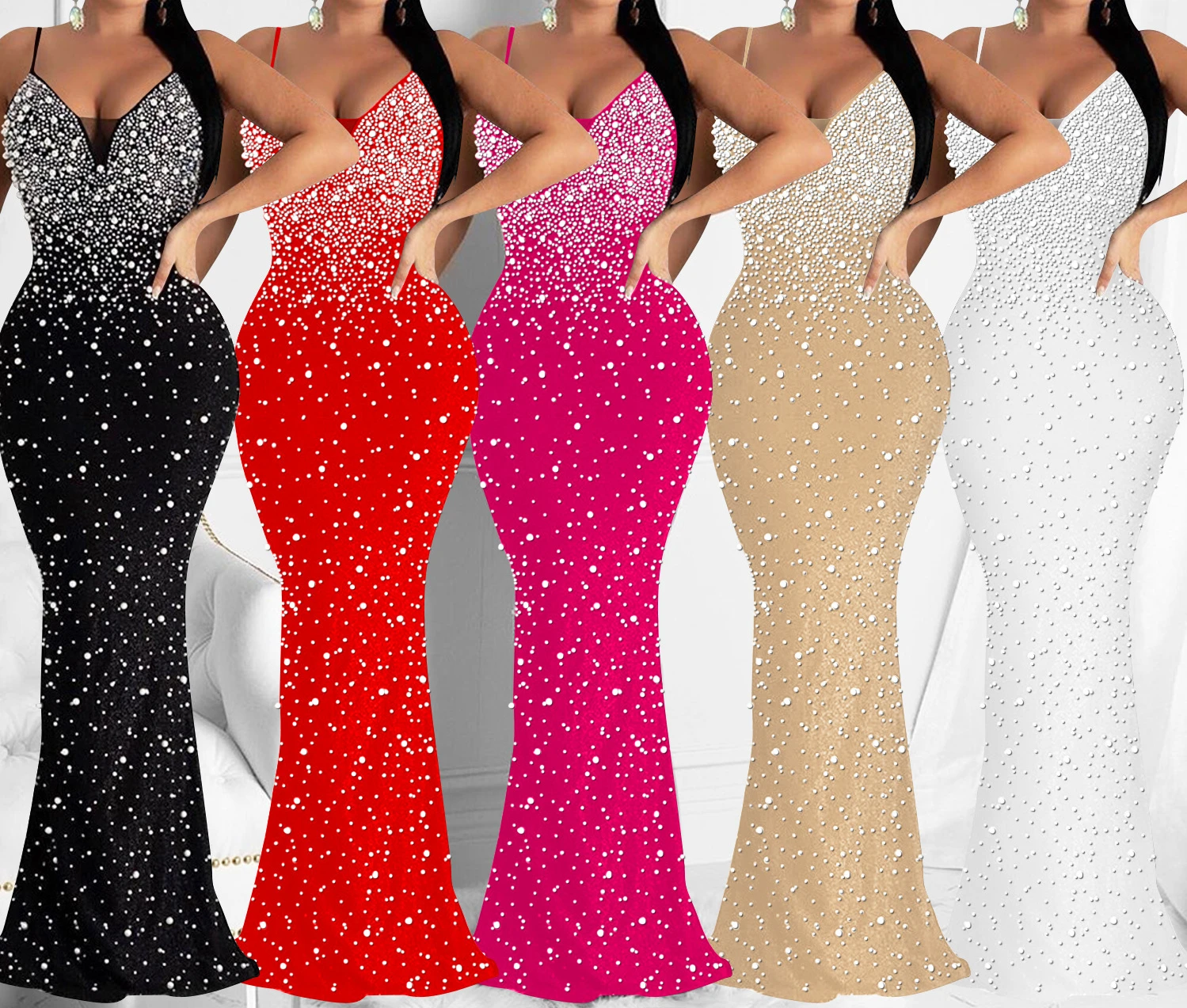 Trunpet Meerjungfrau Abendkleid Frauen Abendkleid Rückenfrei Perlen Spaghettiträger Bodycon Clubwear Elegante Cocktailpartykleider