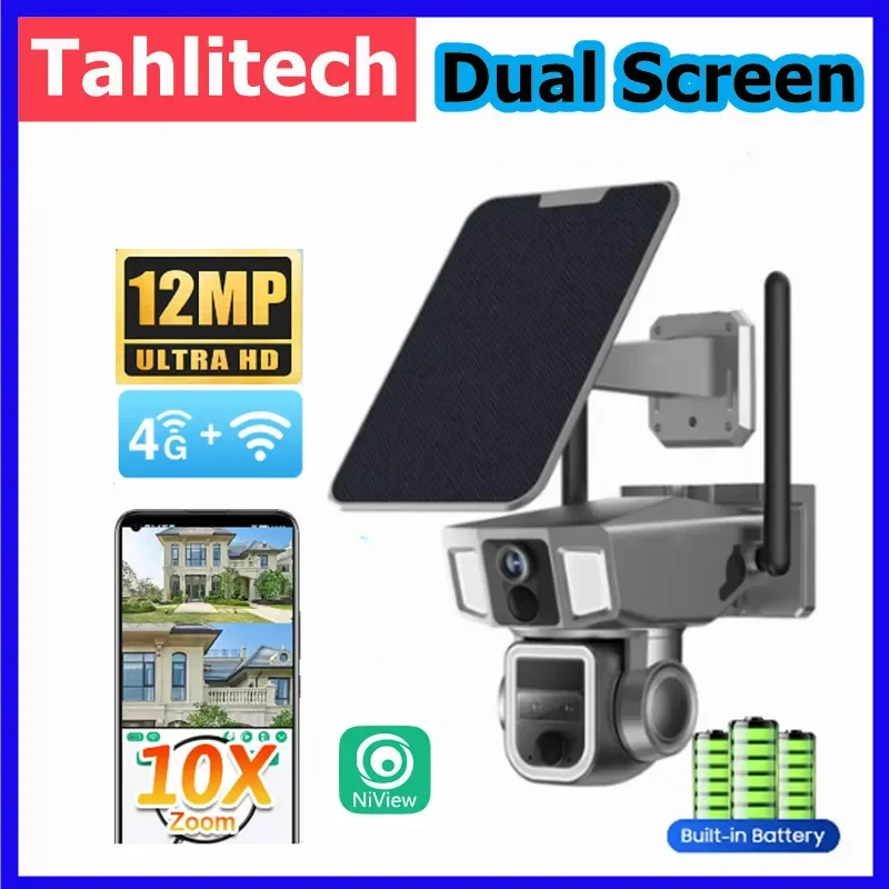 12MP 6K 10X Zoom Dual Screen Solar Camera Outdoor 4G/WiFi 2 In 1 Three Lens Dual PIR Detection Auto Tracking CCTV Camera