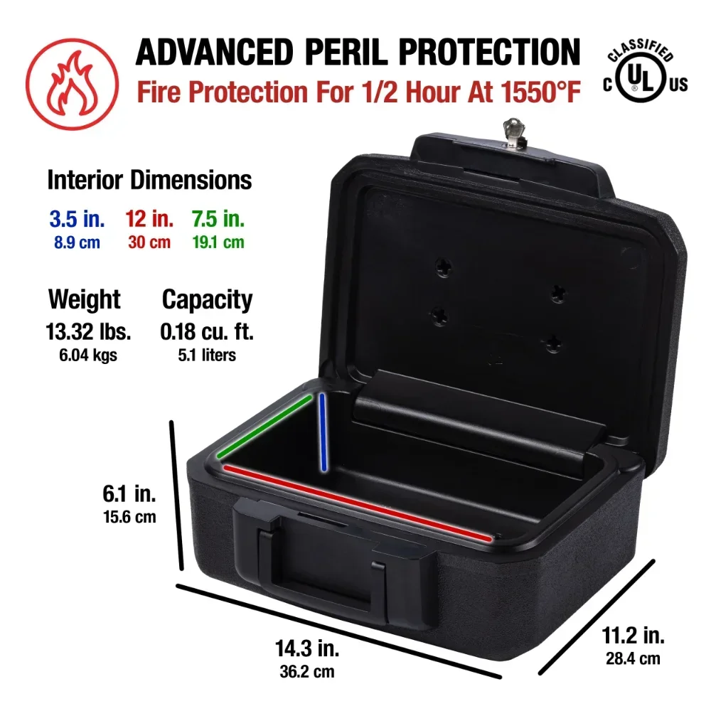 1200 Fire-Resistant Box Safe with Key Lock 0.18 Cu. Ft., Black