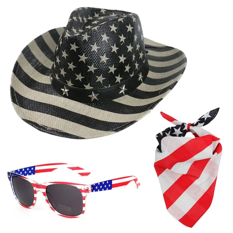 New United States Flag Western Cowboy Hat Glasses Square Scarf Glasses Matching Set for Outdoor Events, Music Festivals, Parties