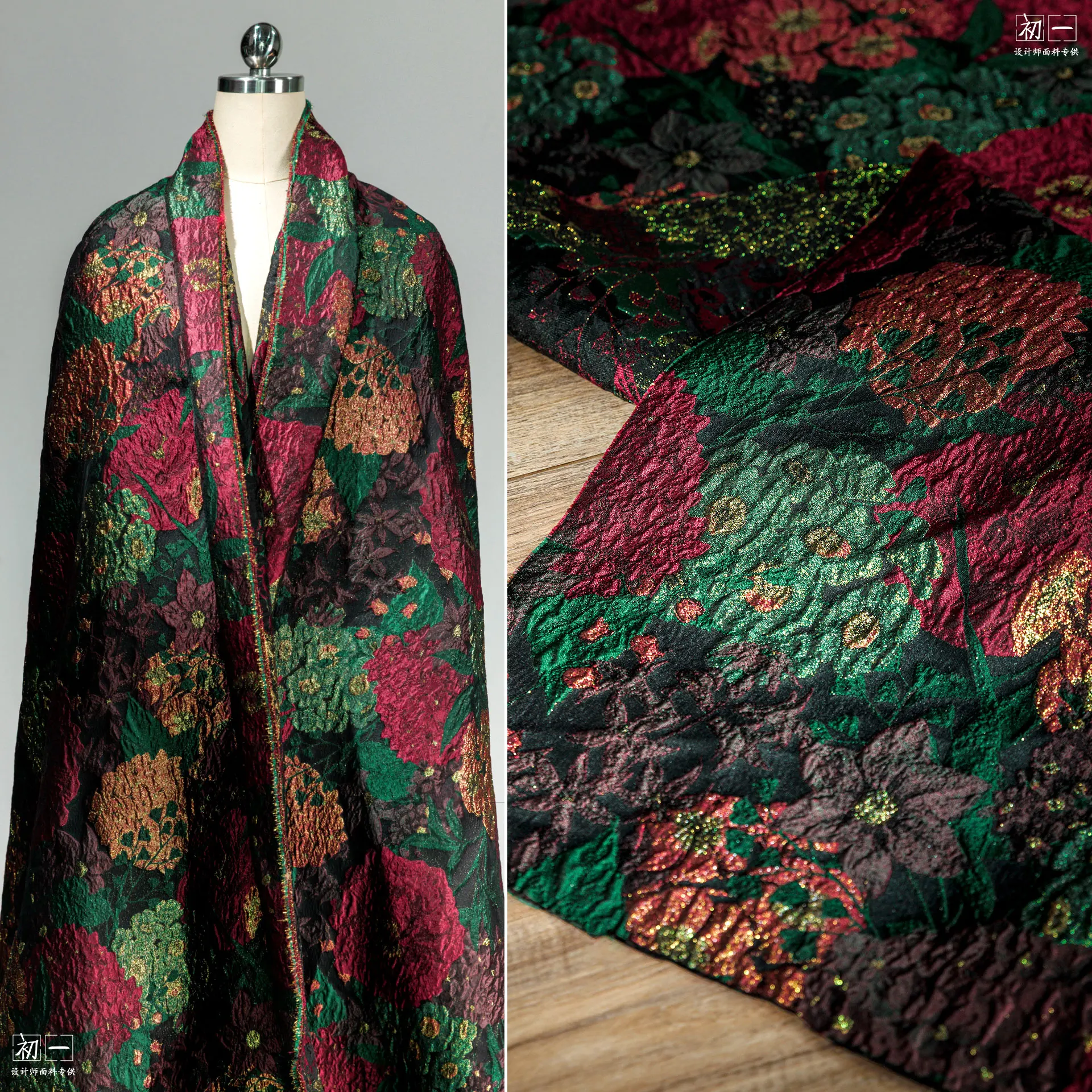 Vintage Red Flowers and Beautiful Flowers Jacquard Texture Fabric Creative National Style DIY Bag Coat Clothing Design Fabric
