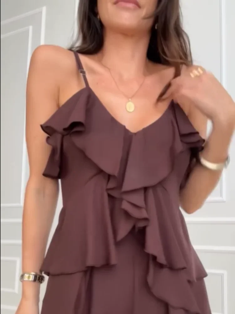 Feminino marrom escuro calça conjunto casual decote em v sem mangas em camadas babados sling blusa calças de perna larga terno novo verão senhora uso diário