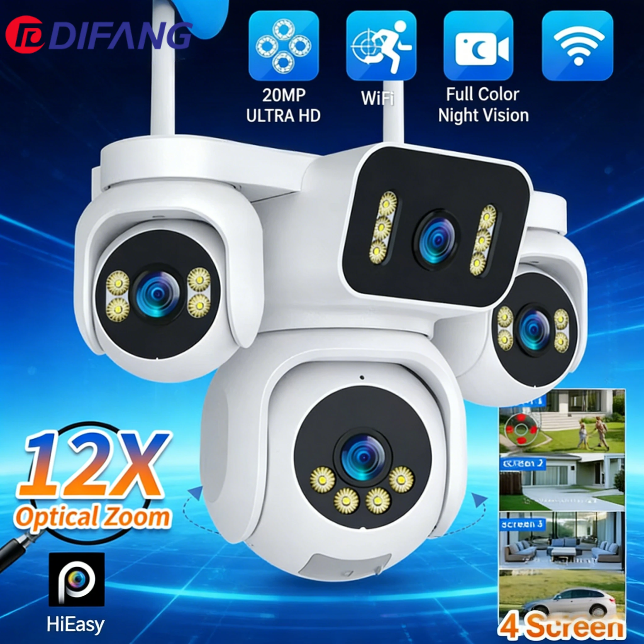 

2026 New Arrival 10K 20MP WiFi PTZ Camera with 12X Zoom, 4-Screen Display Auto Tracking Outdoor Surveillance for Home Security