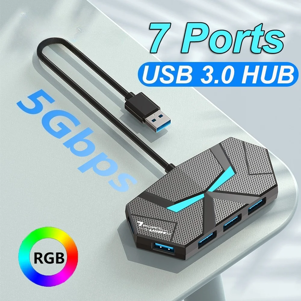 7 Ports USB 3.0 HUB USB Docking Station USB Splitter Adapter 5Gbps High Speed Transmission PD Power Supply For Laptop Computer