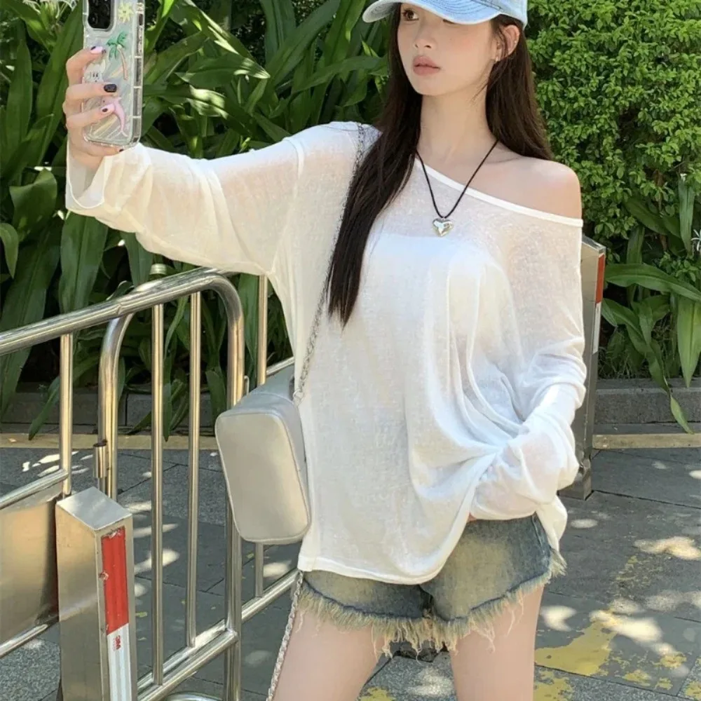 Sexy Sheer Baggy T-shirt for Women 2026 Casual Fashion Loose Pullovers Chic Lazy Solid Color Off Shoulder Top Streetwear image 5