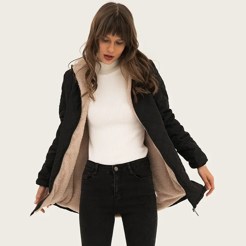 European and American New Women's Standing Collar Mid To Long Loose Lightweight Lambhair Cotton Coat, Fashionable Casual Jacket