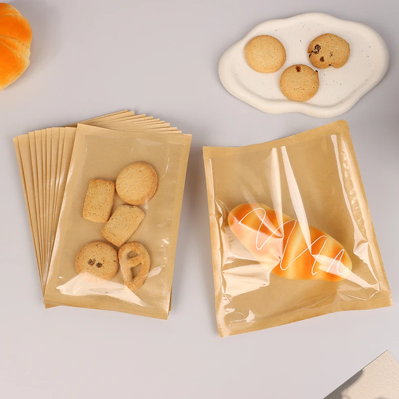 10 pezzi di carta Kraft usa e getta con sacchetti di imballaggio per pane con finestra sacchetti di cibo per feste per biscotti a prova di olio per la colazione