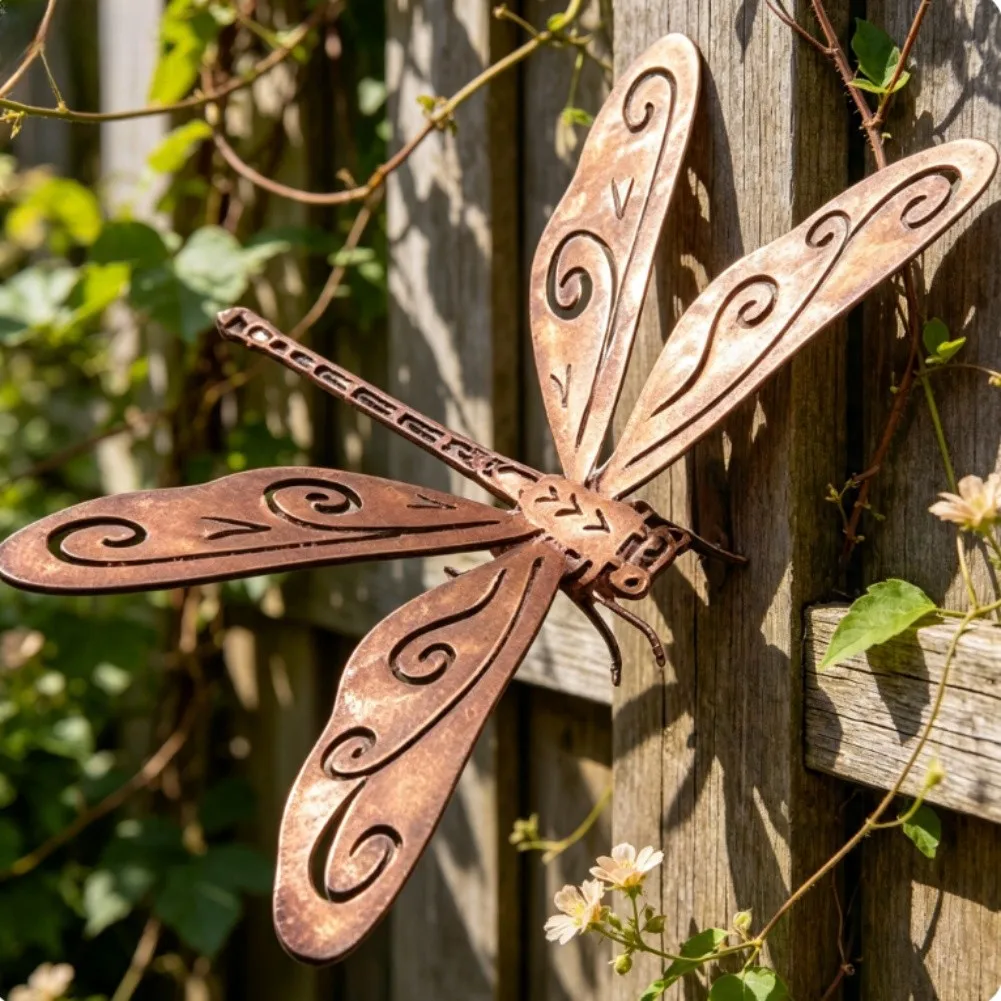 Rustic Metal Dragonfly Statue 4PCS for Garden Outdoor Decor Farmhouse Style Wrought Iron Lawn Patio Yard 15x20cm Natural Rust