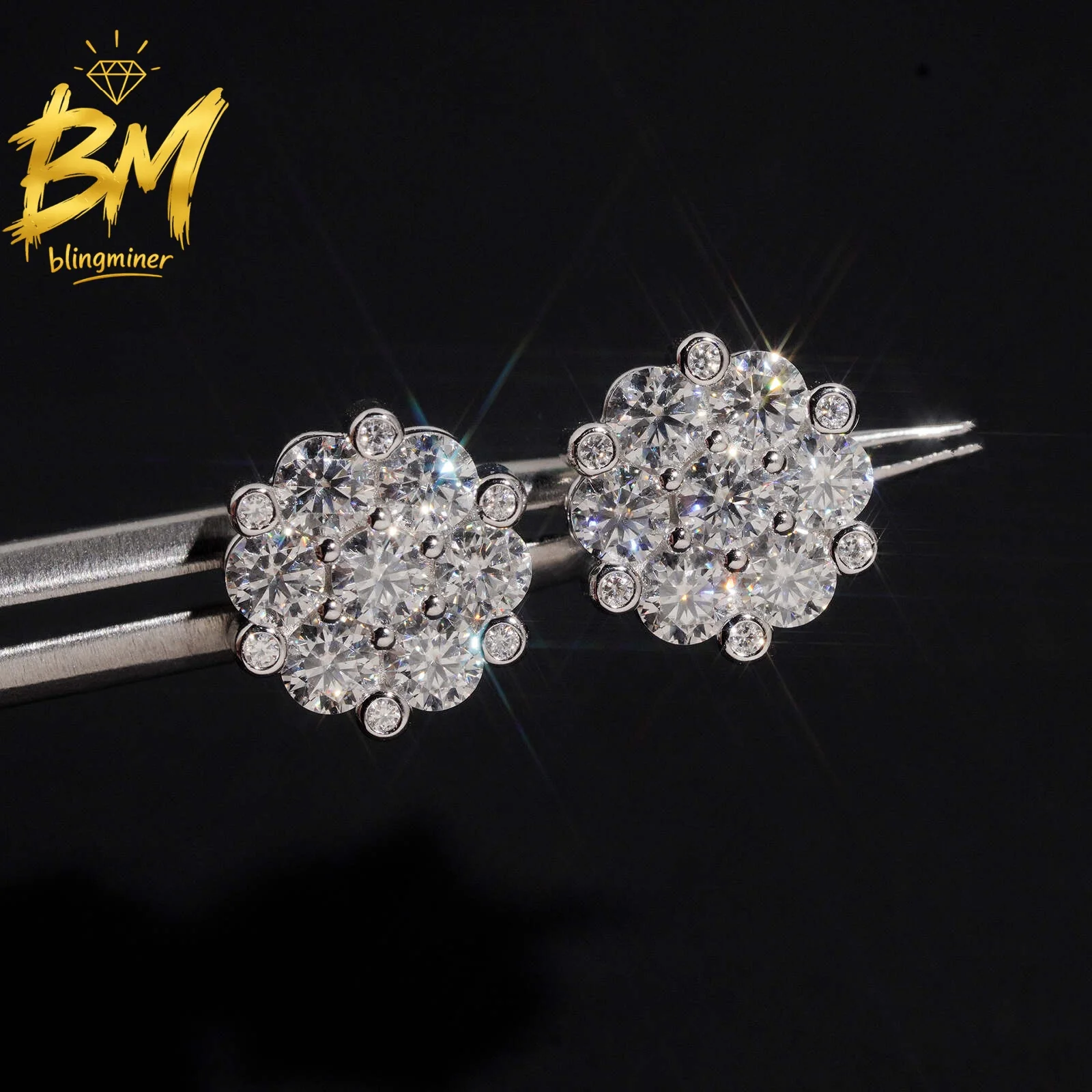 Blingminer Hot Sale Flower Shape VVS Moissanite Earrings For Men Women S925 Silver Ear Studs Jewelry Pass Diamonds Tester GRA