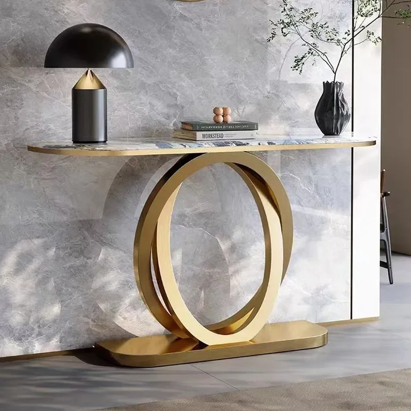 Stainless Steel Slate Marble Console Table Double Round Entrance Cabinet High End Light Luxury Electroplating Finish
