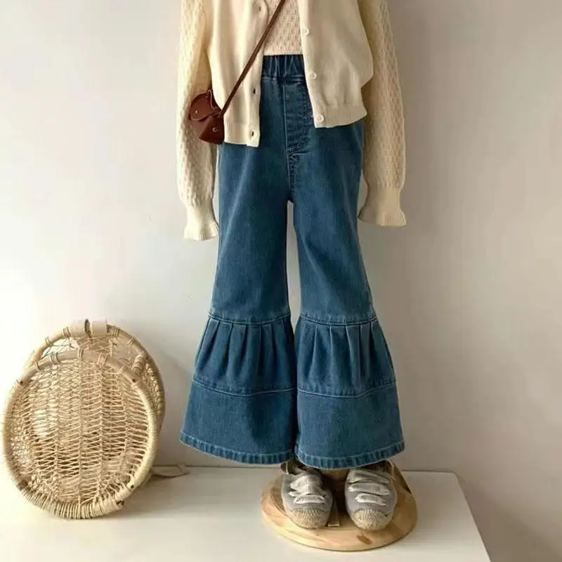 

Girls Fashion Jeans Bell Bottoms South Korean Children Wear 2024 Spring Children Korean Style Casual Pants Fried Street Pants