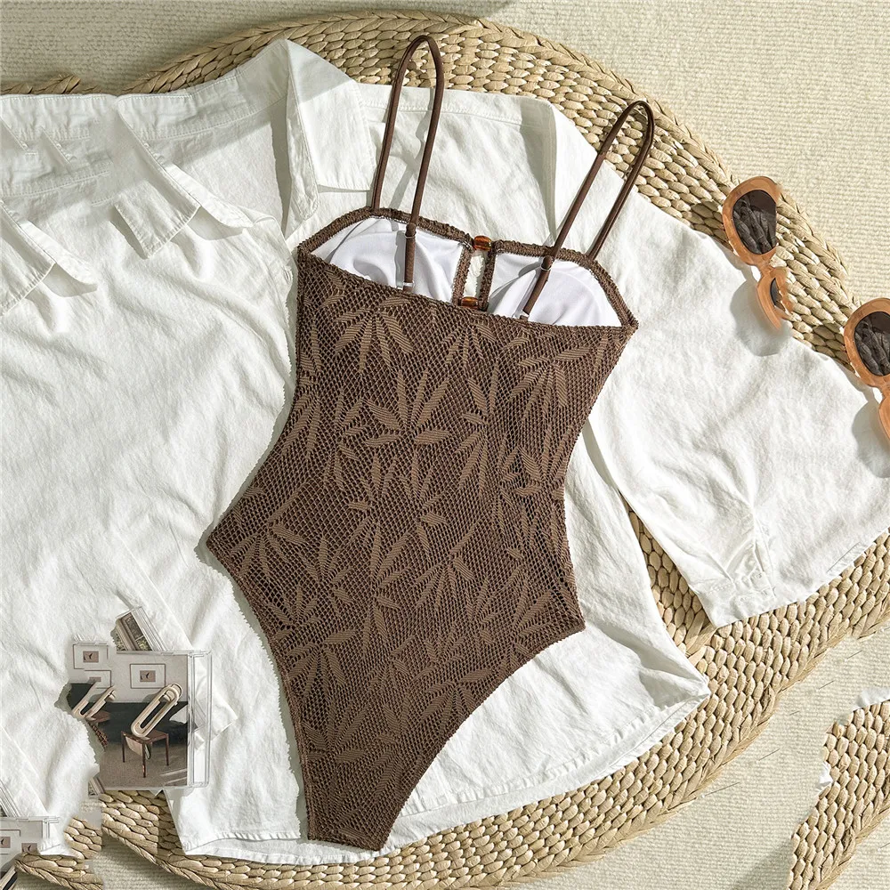 Solid Brown Mesh Swimwears One Piece Sexy Swimsuit Women 2026 Monokini Front Hollow Out Bead Beach Swimming Suit Wear Bathers